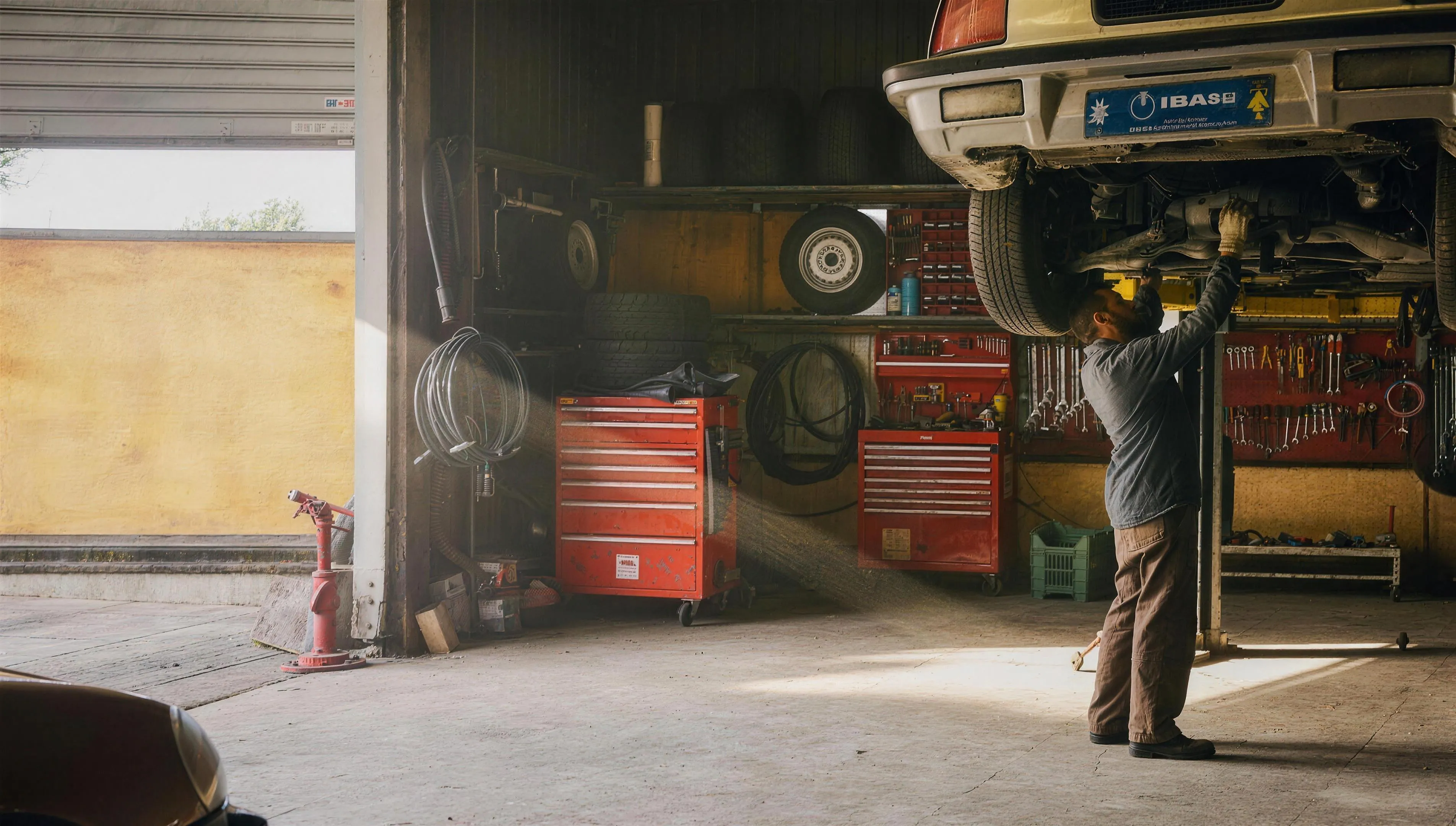 Nederlandse autogarage van binnen, monteur (man, begin dertig) aan het werk aan een auto op de brug, overdag, praktische werkkleding, gefocust op het werk. Documentaire sfeer, geen glimlach naar camera, geen tekst of logo's in beeld.