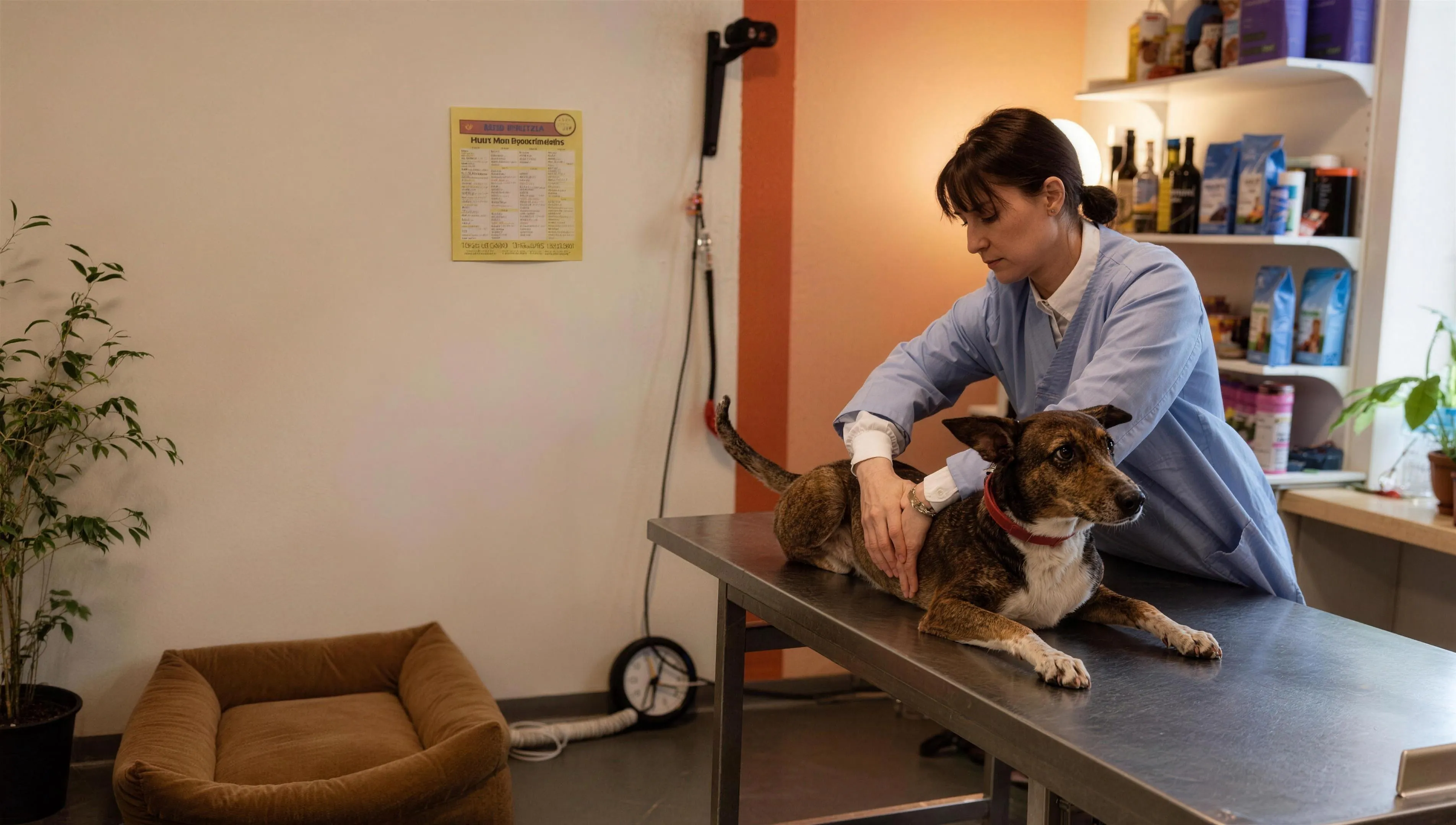 Nederlandse dierenartsenpraktijk van binnen, dierenarts (vrouw, begin dertig) die een hond onderzoekt op de behandeltafel, overdag, rustig praktijklicht. Documentaire sfeer, geen glimlach naar camera, geen tekst of logo's in beeld.