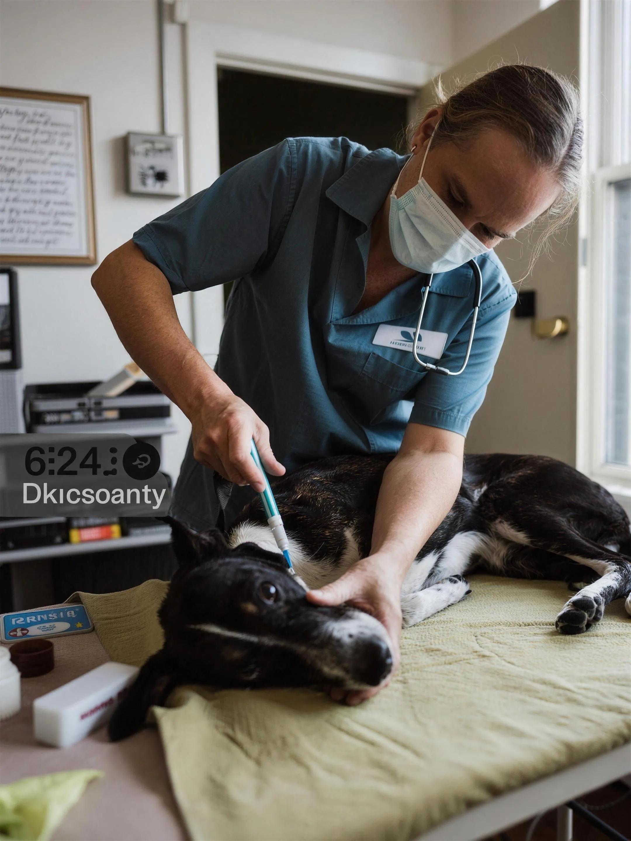 Close-up van een dierenarts die een hond vaccineert op een behandeltafel in een Nederlandse praktijk. Documentaire sfeer, geen tekst of logo's in beeld.