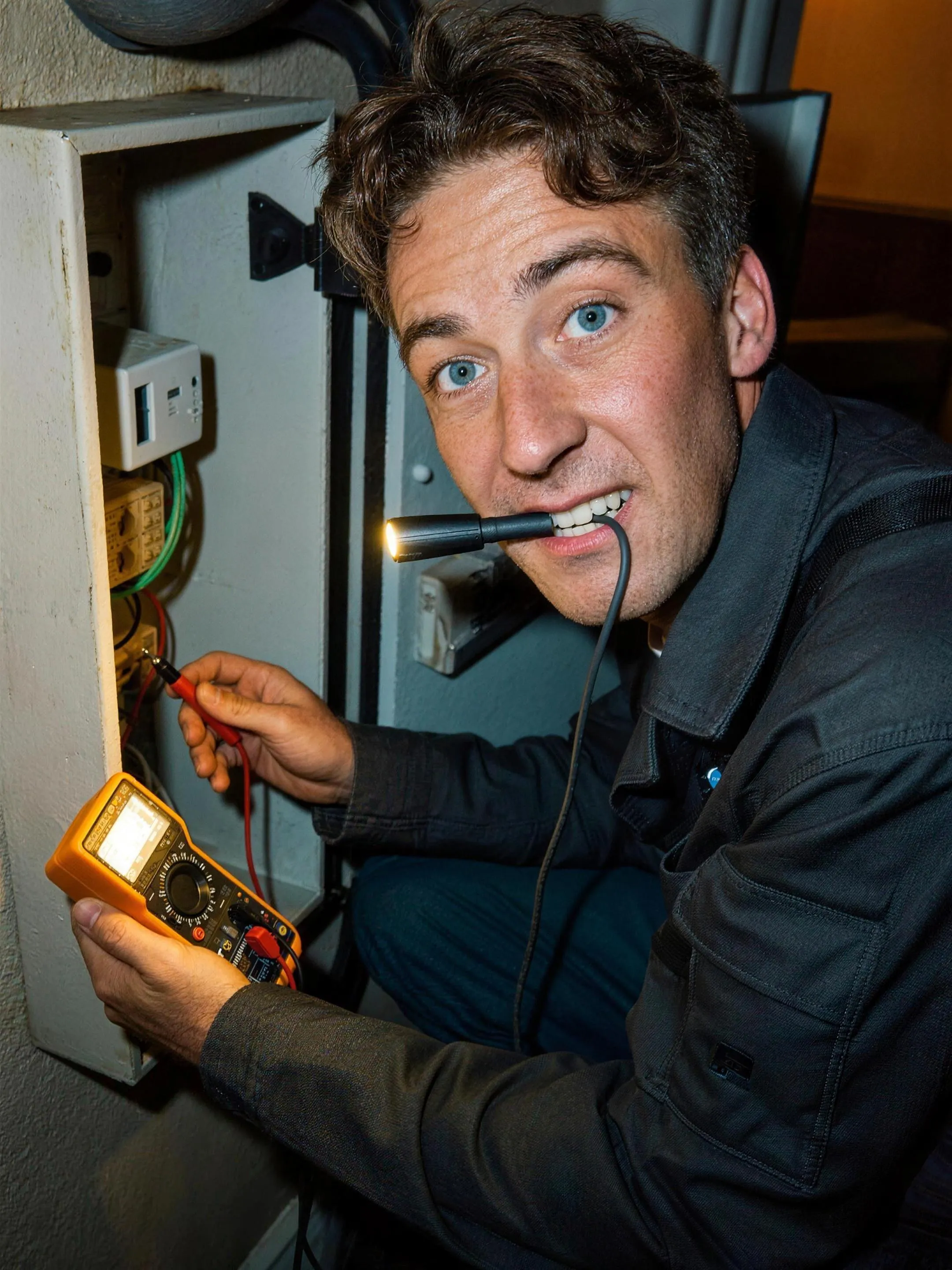 Close-up van een Nederlandse elektricien die 's avonds met een zaklamp en multimeter een storing opspoort in een meterkast. Praktische werkkleding, gefocust op het werk. Documentaire sfeer, geen glimlach naar camera, geen tekst of logo's in beeld.