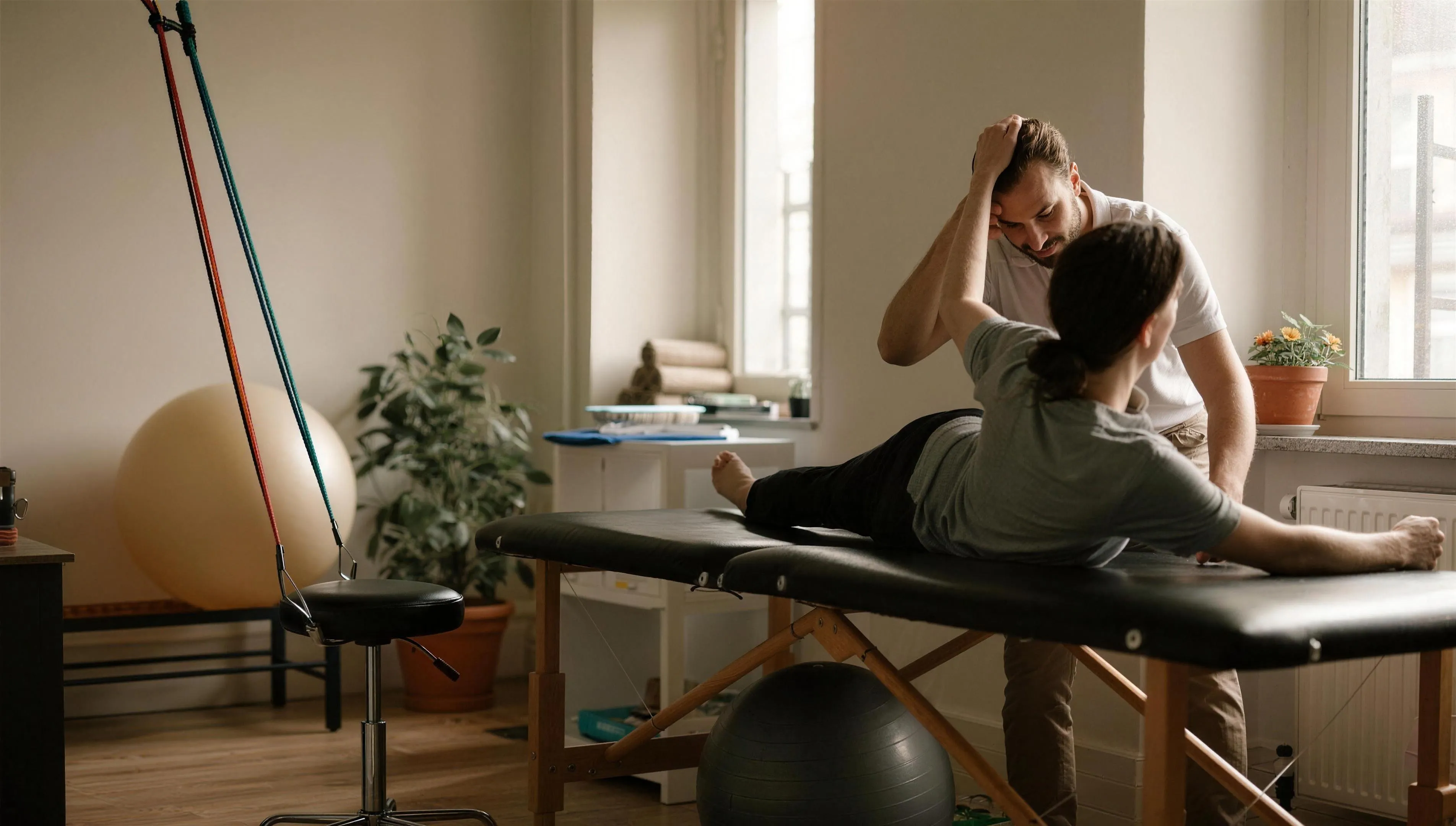 Nederlandse fysiotherapiepraktijk, behandelruimte met gewone praktijkinrichting, rustig daglicht, geen persoon in beeld. Documentaire sfeer, geen tekst of logo's in beeld.