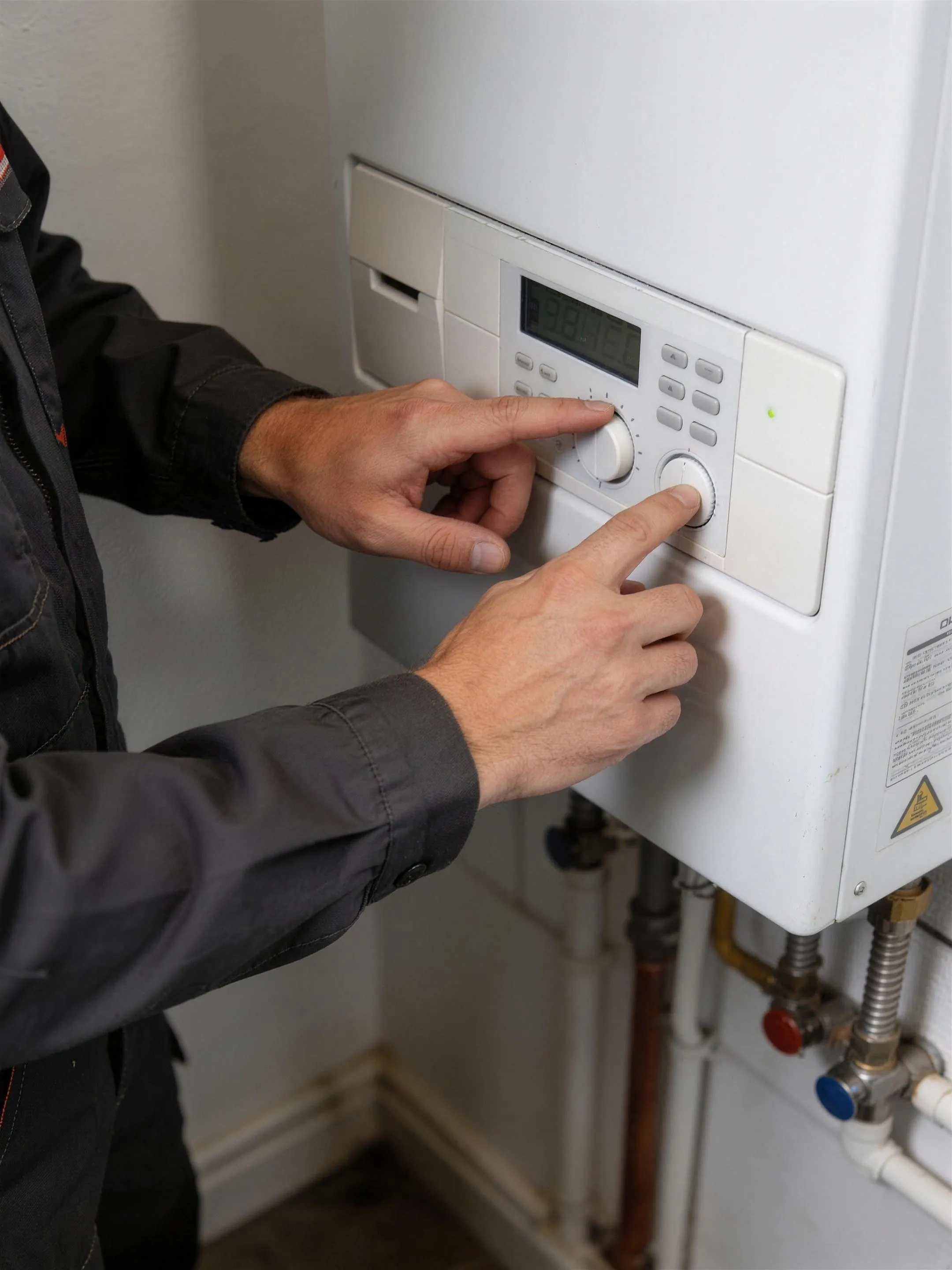 Loodgieter controleert een cv-ketel in een technische ruimte
