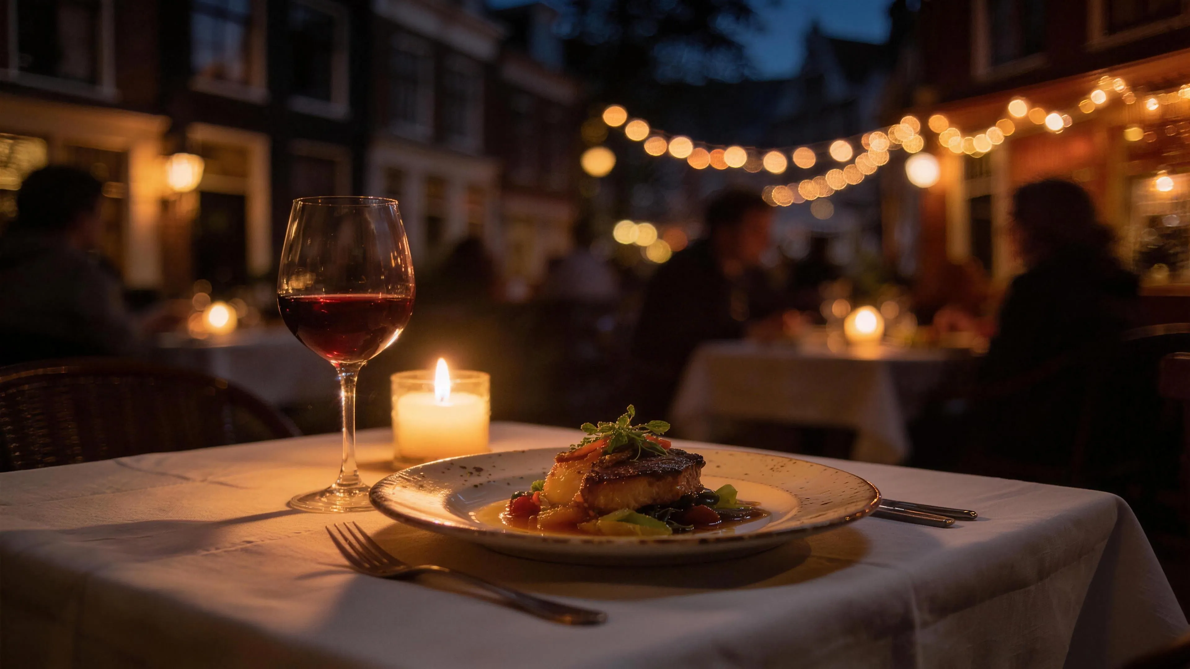 Sfeervol gedekte tafel in een kleine Nederlandse bistro in de avond, warm kaarslicht, wazige eters op de achtergrond.