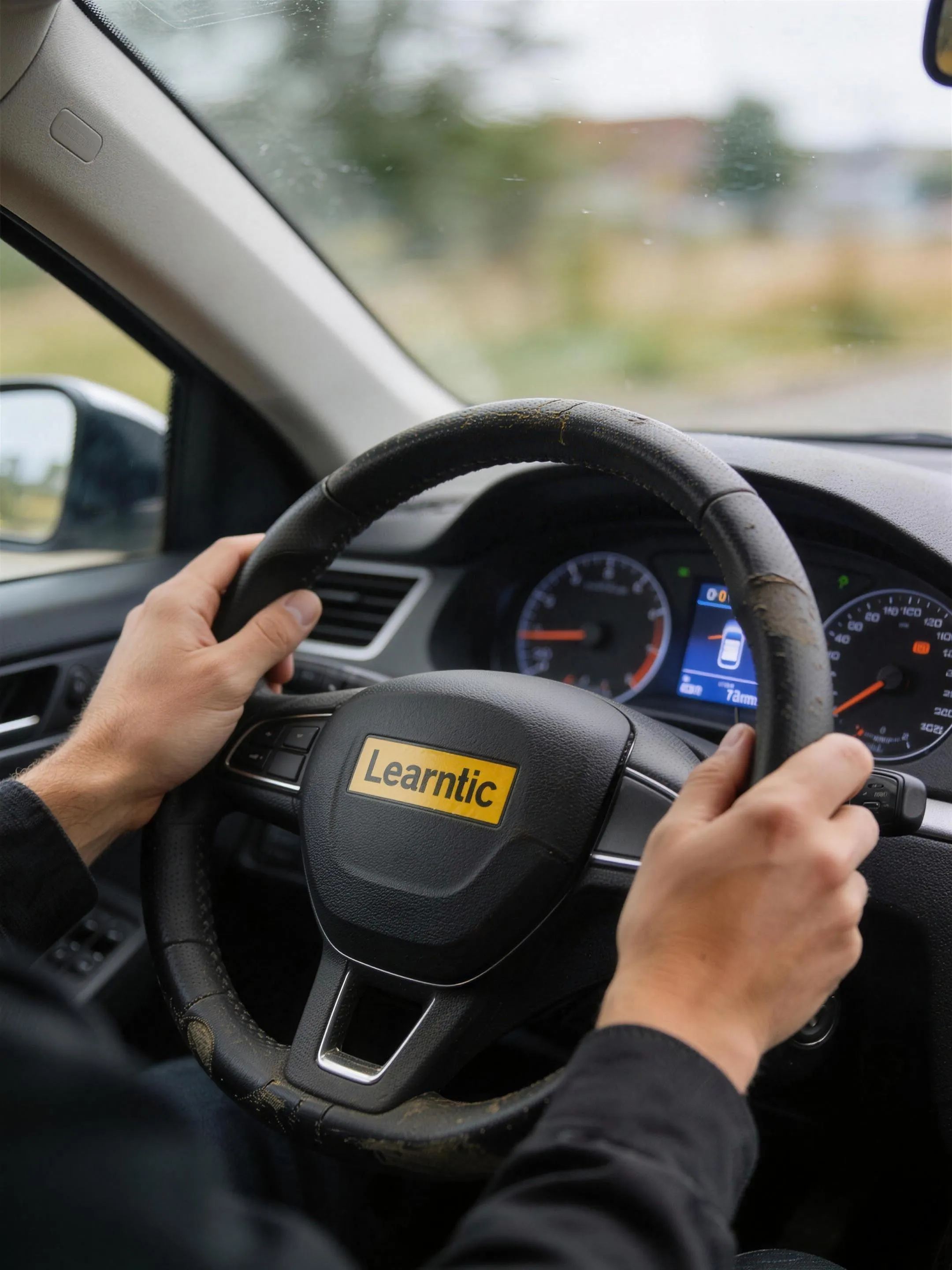 Dashboard en stuur van een automaat tijdens een rijles