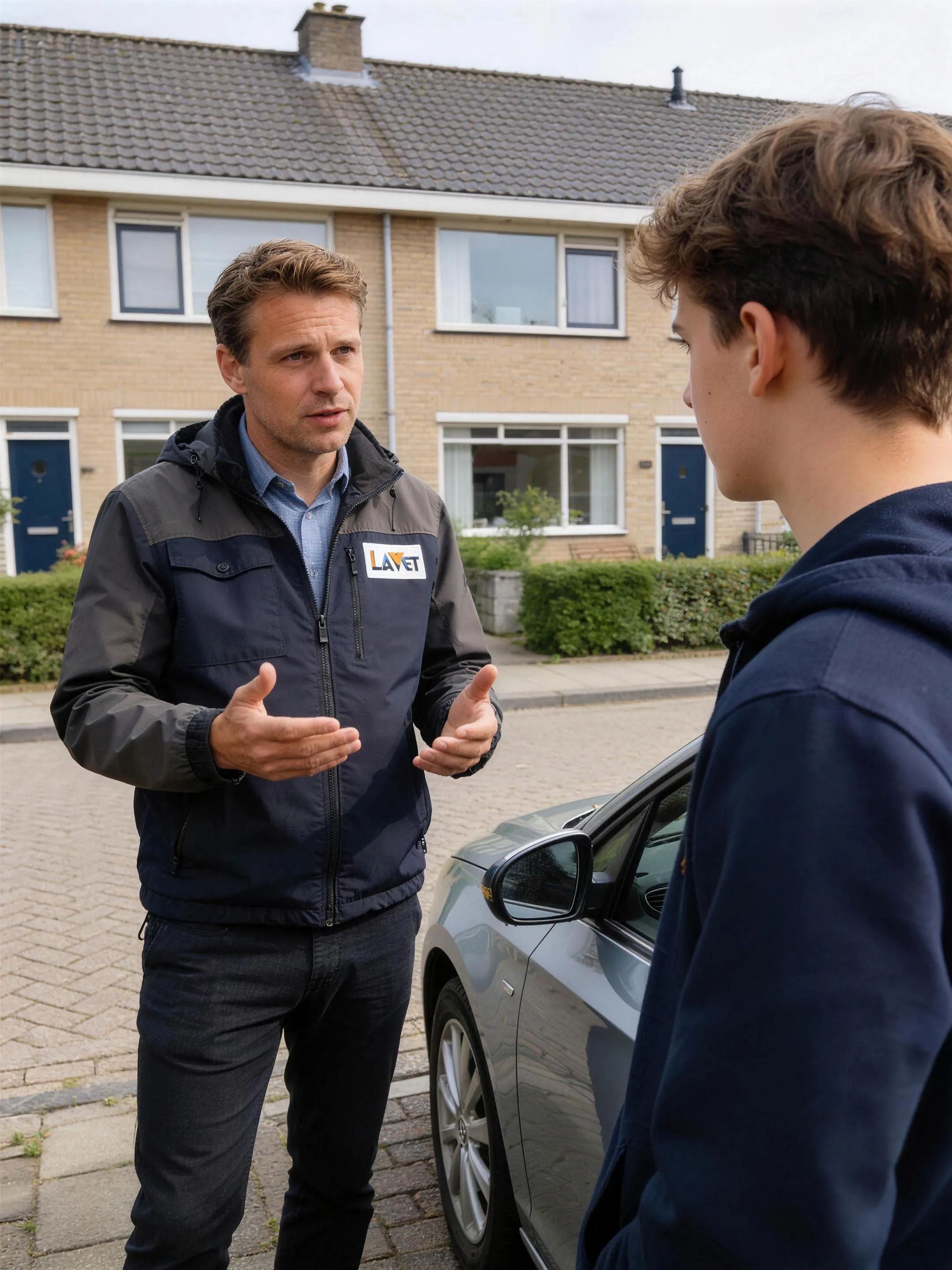 Rijinstructeur geeft instructie naast de auto voor een lesdag