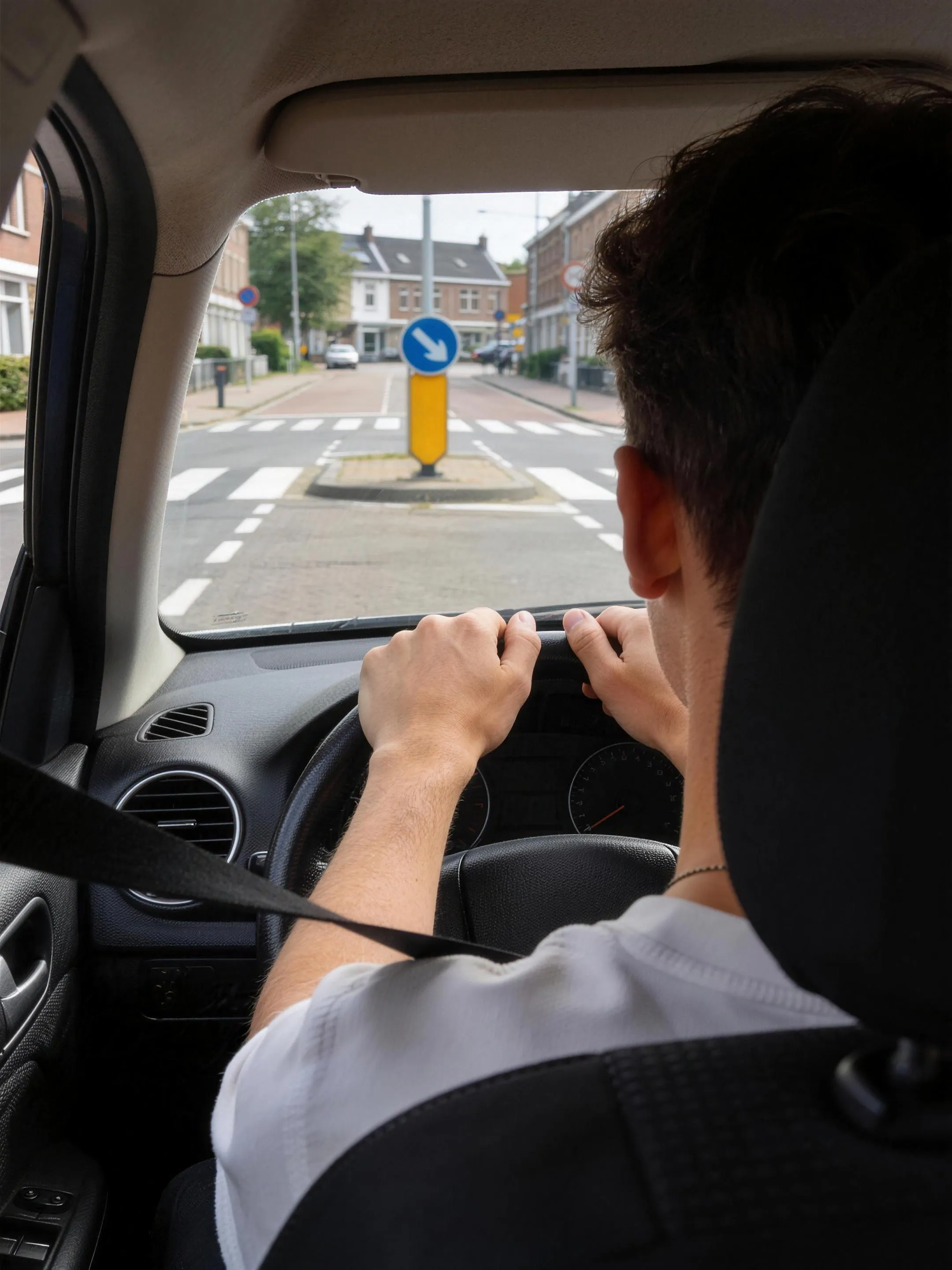 Leerling nadert zelfstandig een kruising tijdens een rijles